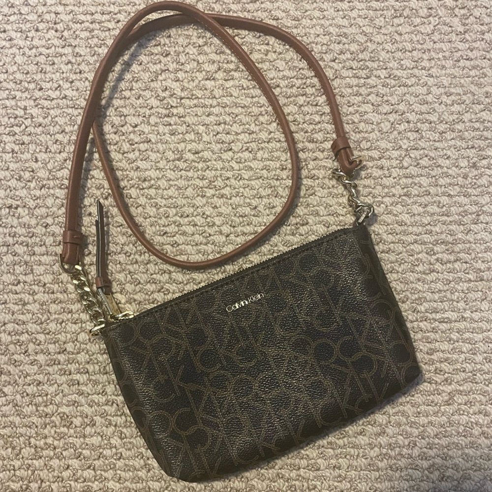 Calvin Klein CK Monogram Crossbody Bag Purse Tote with gold hardware chain